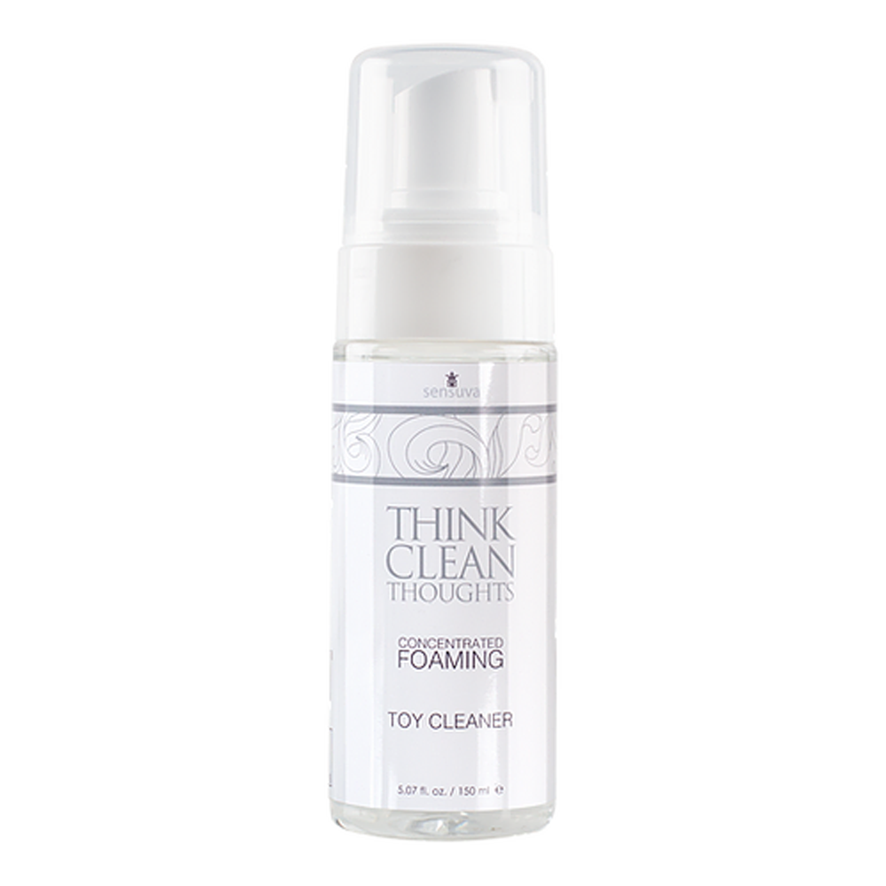 A clear plastic bottle of Think Clean Thoughts Concentrated Foaming Toy Cleaner with a white pump dispenser, shown on a solid white background.