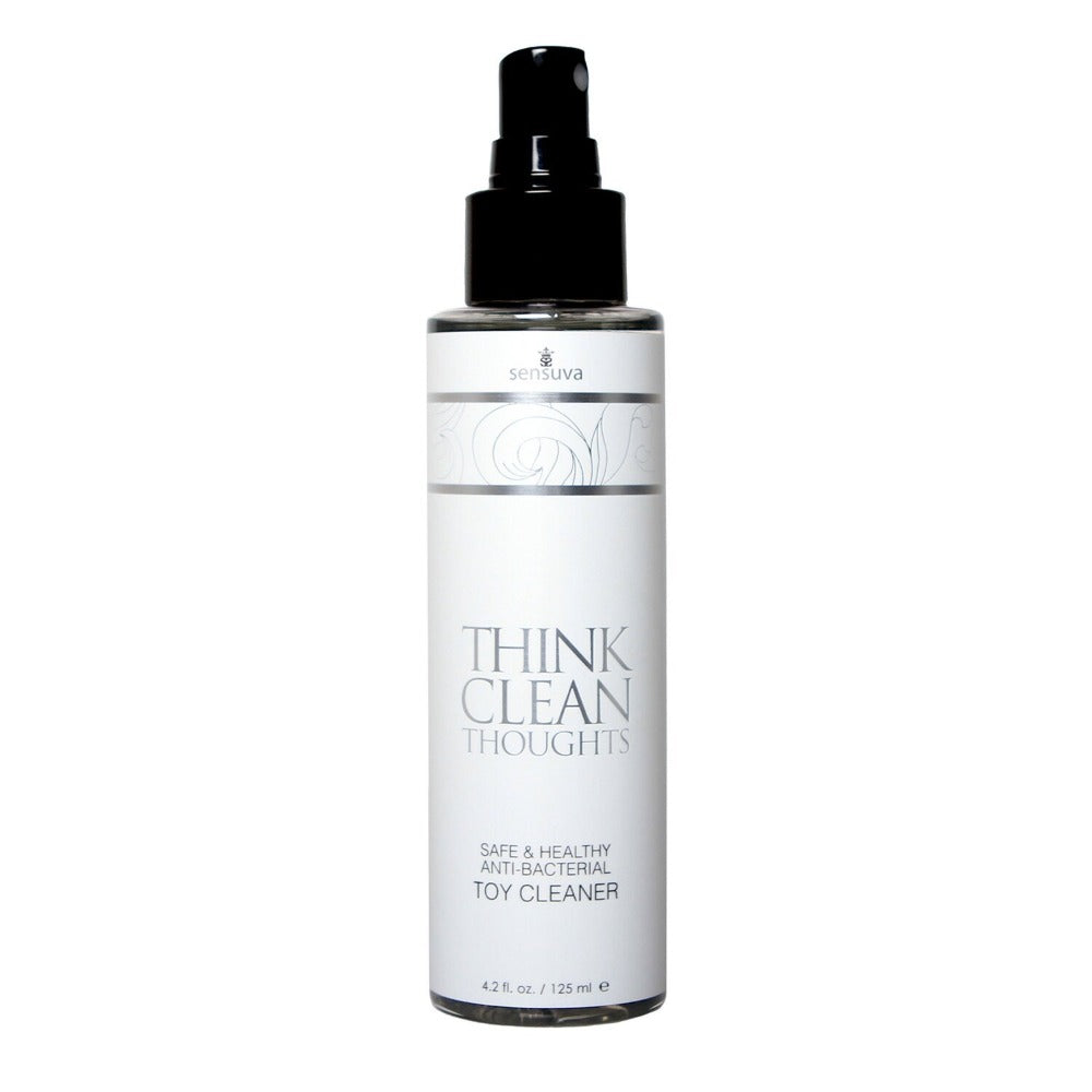Bottle of 'Think Clean Thoughts' toy cleaner on a white background
