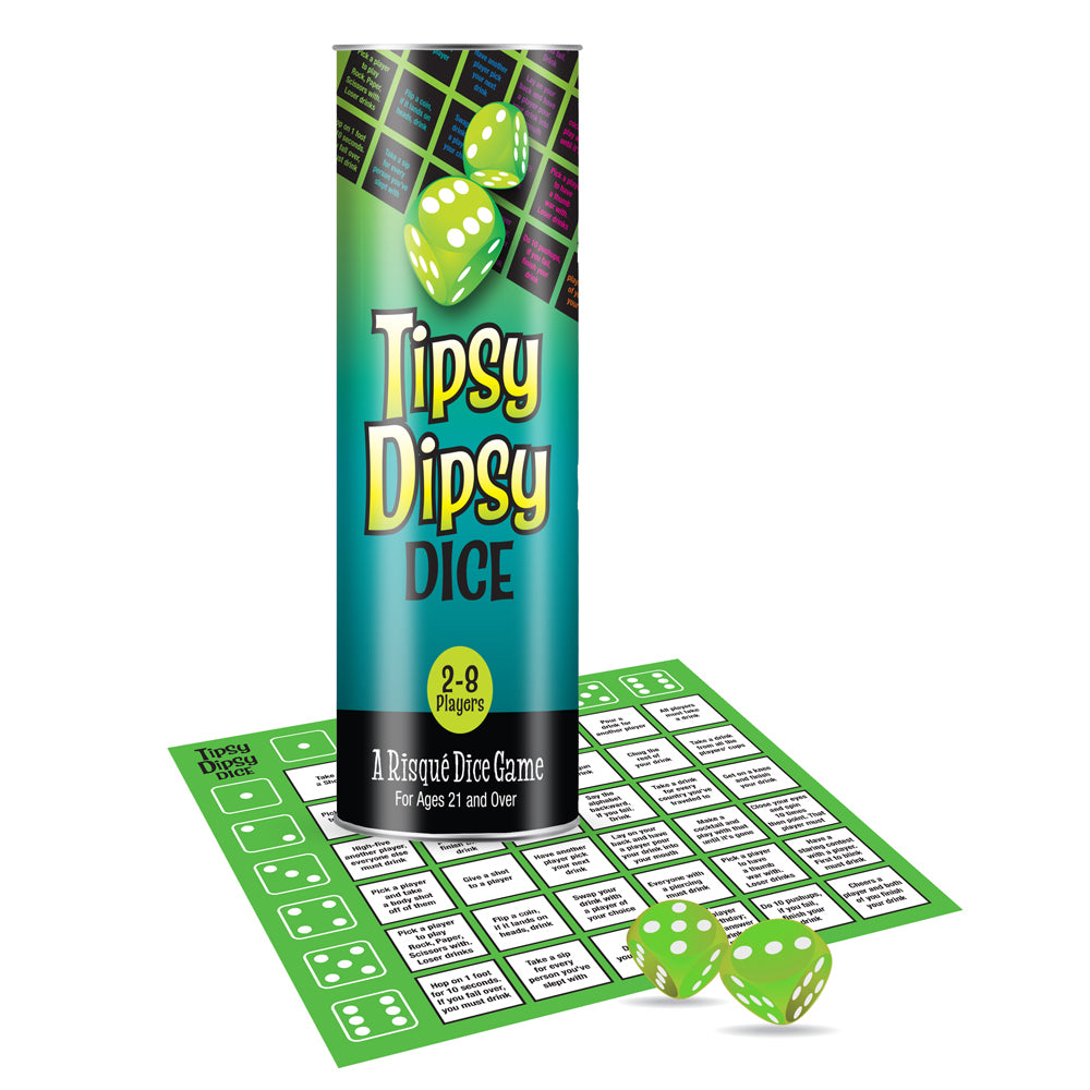 Tipsy dipsy dice game 2-8 players a risque dice game example photo with packaging.