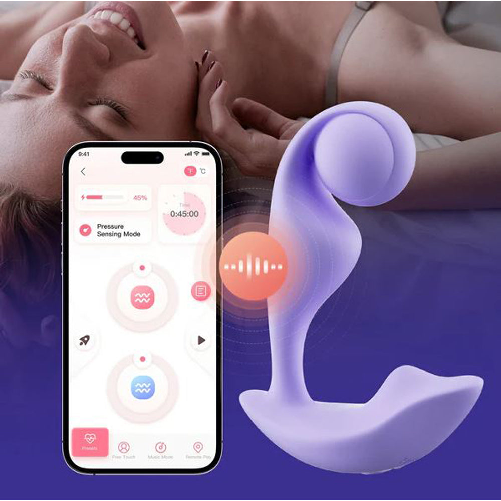Purple trill app enabled G spot vibrator beside smart phone
