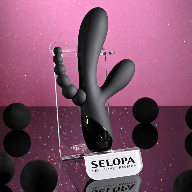 Black triple aces vibrator with triple shaft design, flexible anal beads & dual motors example photo.