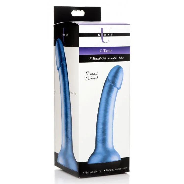 U strap G-tastie blue 7'' dildo inside packaging.