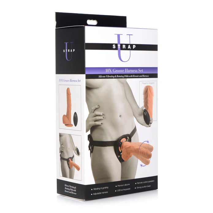 Biege U-strap harness with dildo inside pacakaging.
