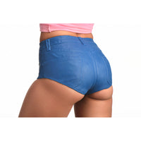 Booty shorts blue with dildo backside photo.