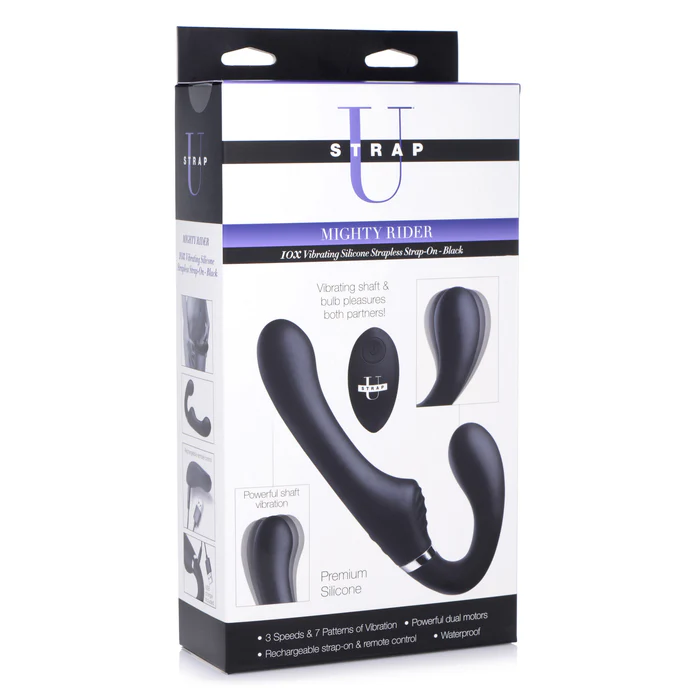 Black U-strap mighty rider strapless strap on inside packaging.