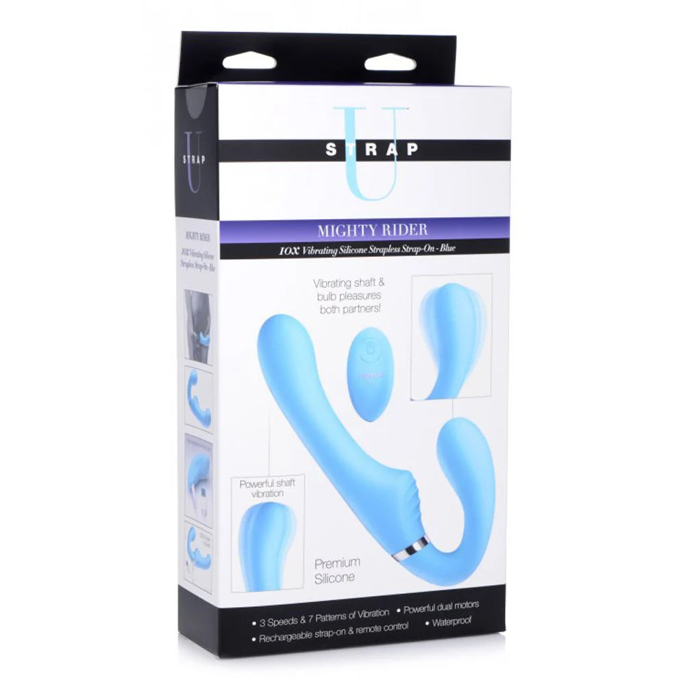 Blue mighty rider strapless strap on inside packaging.