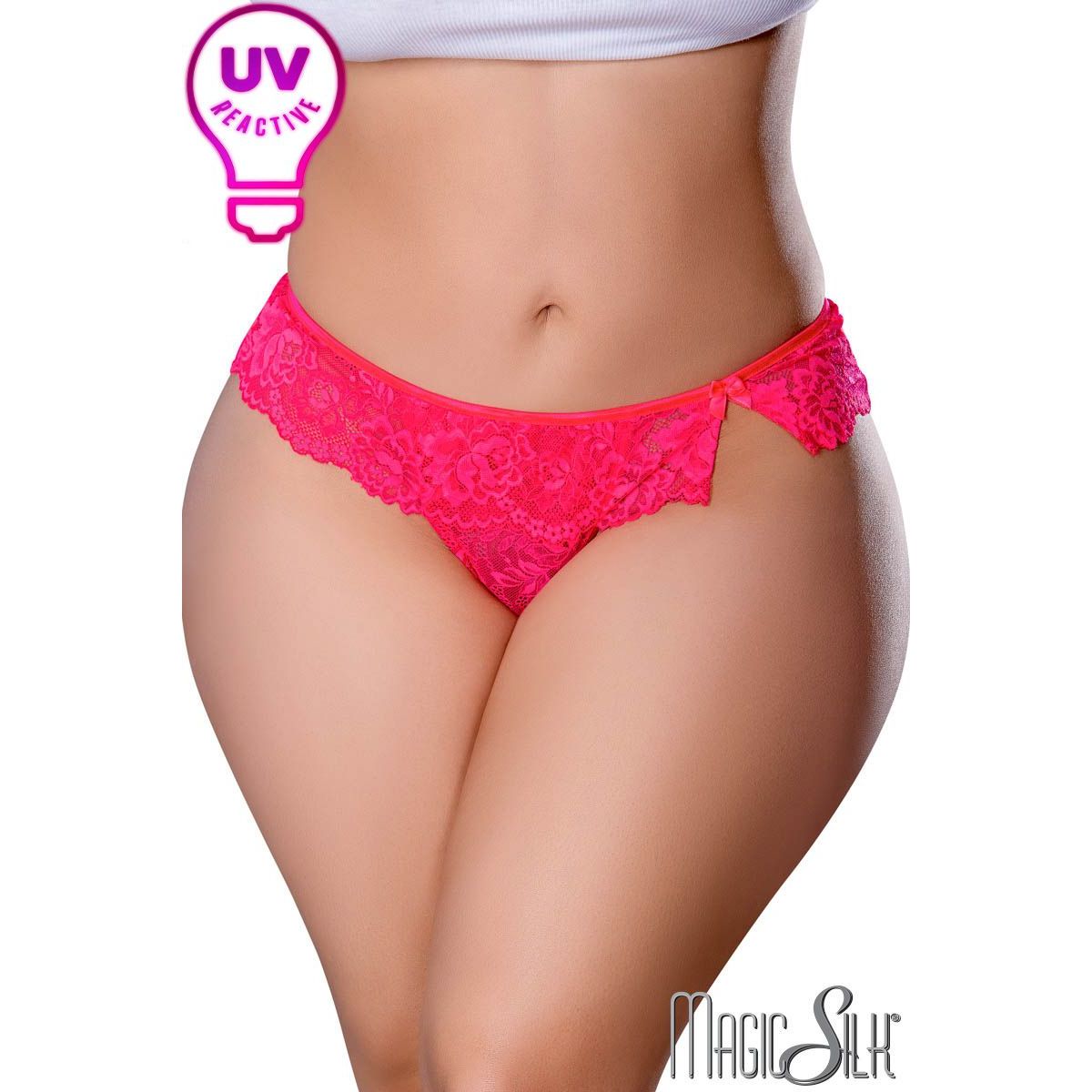 UV reactive stretch lace thong with a draped flutter front attached to the thin elastic waistband.