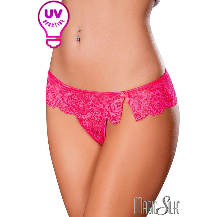 UV reactive stretch lace thong with a draped flutter front attached to the thin elastic waistband.