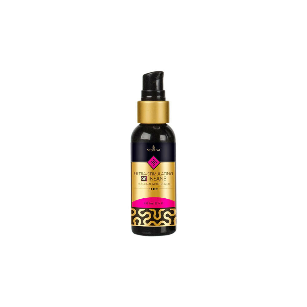 Black and gold bottle with pink accents on a white background