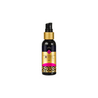 Black and gold bottle with pink accents on a white background