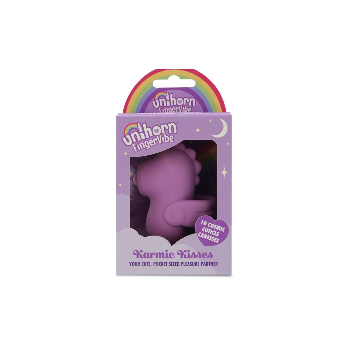 Lilac unihorn finger vibrator inside packaging.
