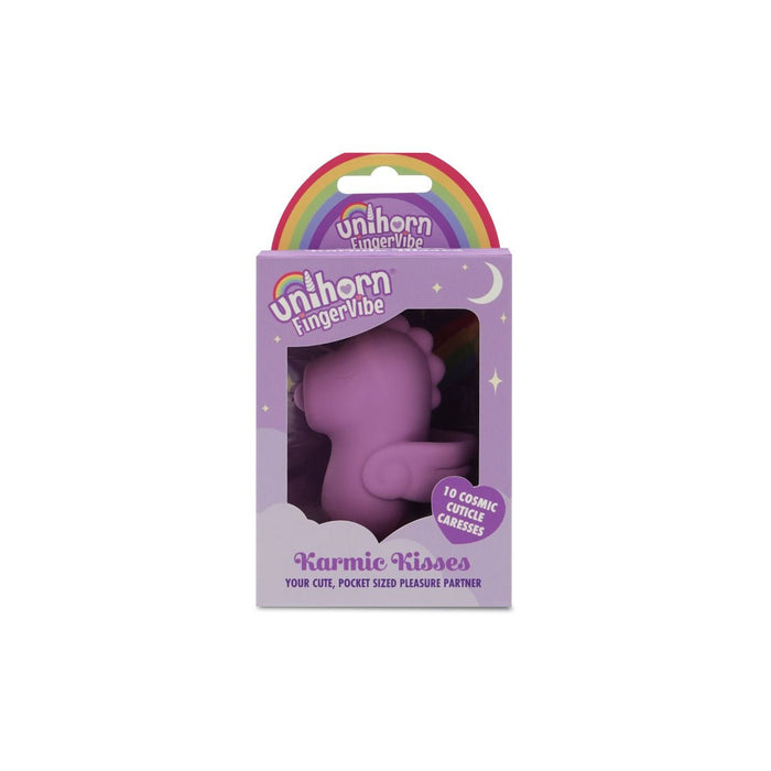 Lilac unihorn finger vibrator inside packaging.