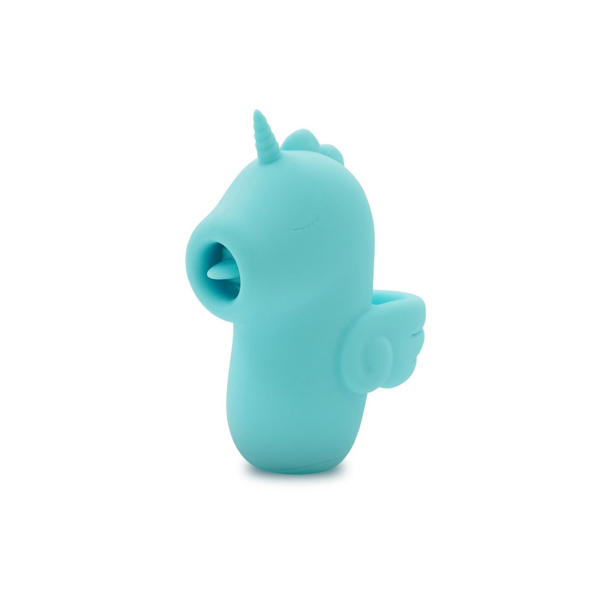 Blue unihorn finger vibrator flutter tongue, soft silicone and water resistant design example photo.