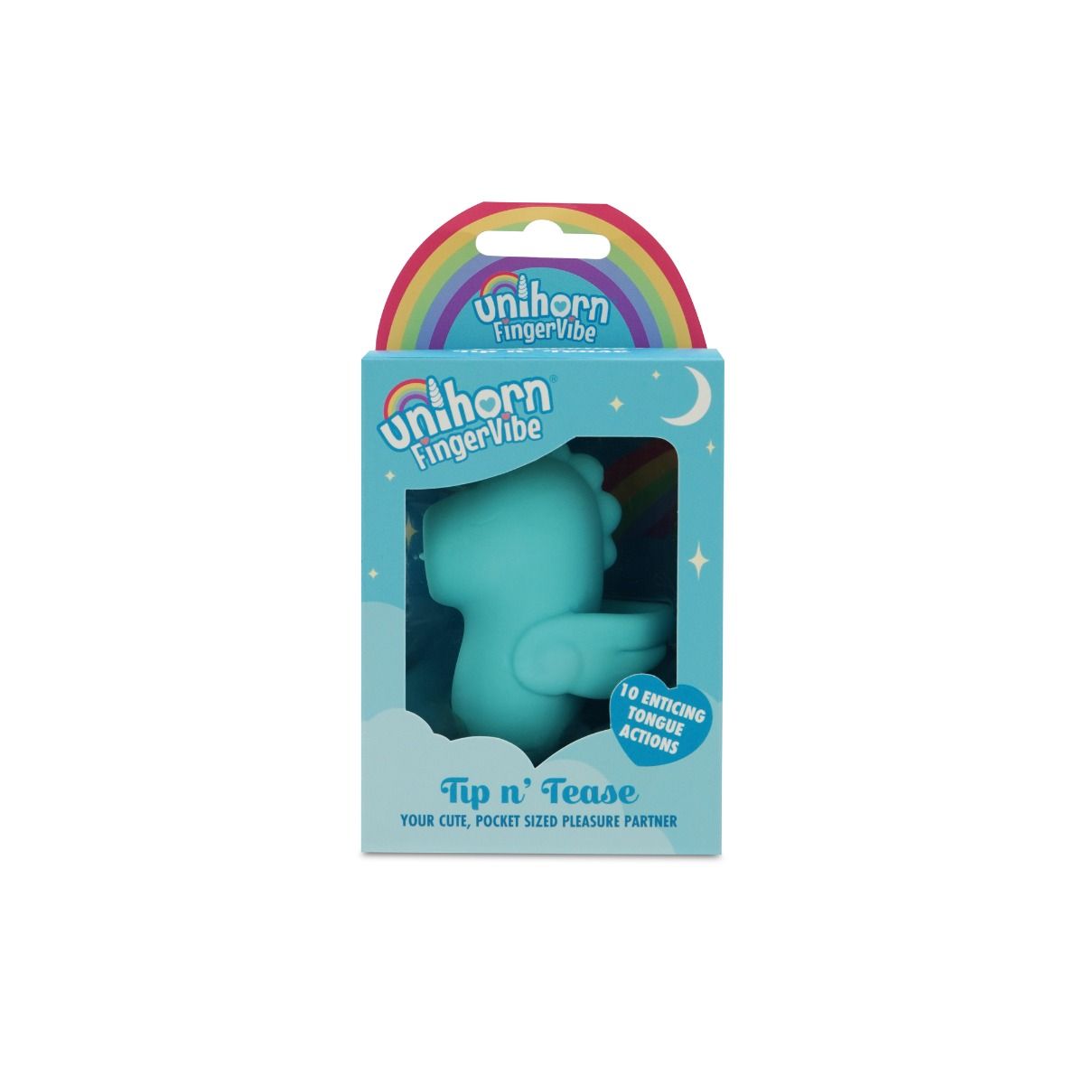 Unihorn blue tip n tease finger vibrator featuring 10 enticing tongue actions inside packaging.