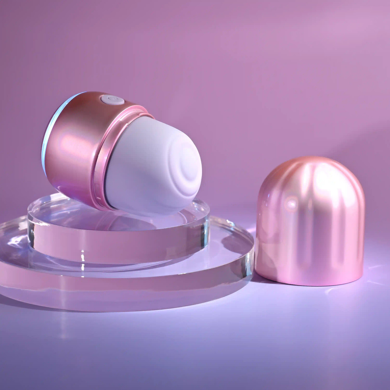 Pink vacation vibes tapping vibrator against display case example photo.
