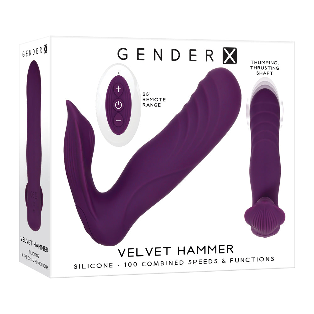 Purple velvet hammer thrusting vibrator featuring 100 combined speeds and functions with remote inside packaging.
