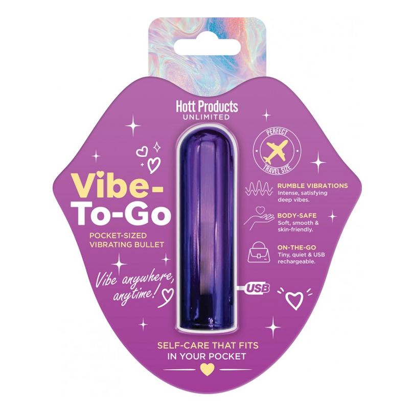 Purple vibrating vibe to go bullet in packaging