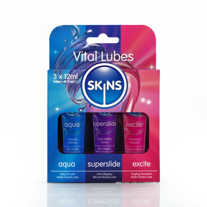 Vital lubes variety 3pk 12ml tubes featuring silky smooth, super slide, tingling sensation inside packaging 