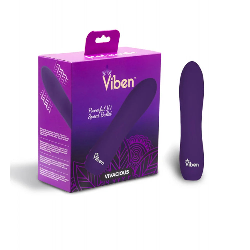 Purple vivacious bullet vibrator beside packaging.