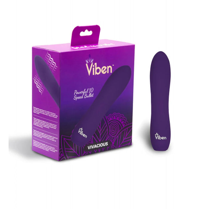 Purple vivacious bullet vibrator beside packaging.