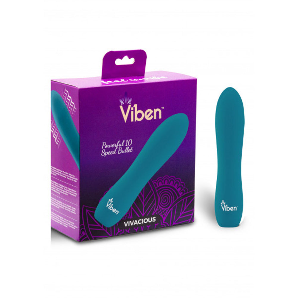 Turquoise bullet vibrator beside packaging.