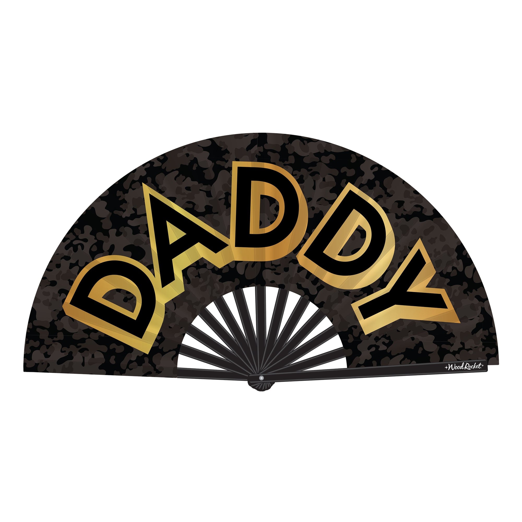 Black and gold folding hand fan with large DADDY lettering