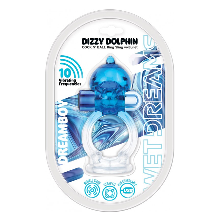 Blue Dizzy dolphin cock n ball ring sling with bullet in packaging