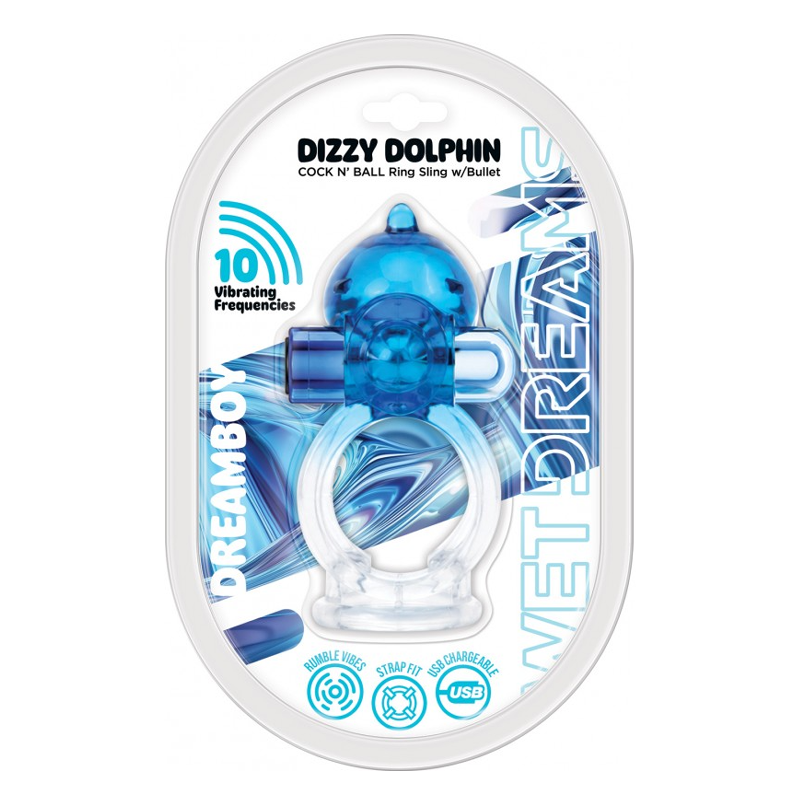 Blue Dizzy dolphin cock n ball ring sling with bullet in packaging