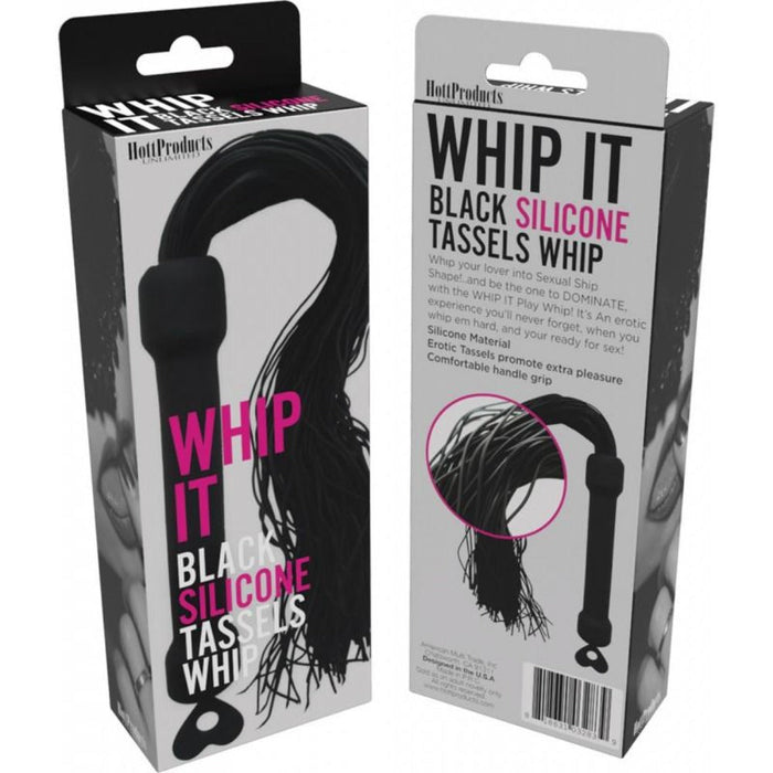 Black silicone tassel whip in packaging