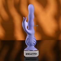 Purple wiggly bunny vibrator against display case example photo.