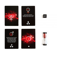 You and me couples game card example featuring dice and hourglass sand timer.