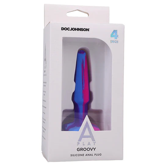 4" purple, blue and pink tapered anal plug in a white box