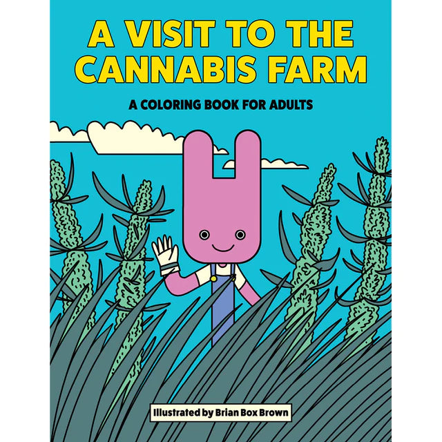 This image features the cover of the adult coloring book titled "A Visit to the Cannabis Farm" illustrated by Wood Rocket. The cover displays a vibrant and playful design with a stylized, cartoon-like character standing among tall cannabis plants.
