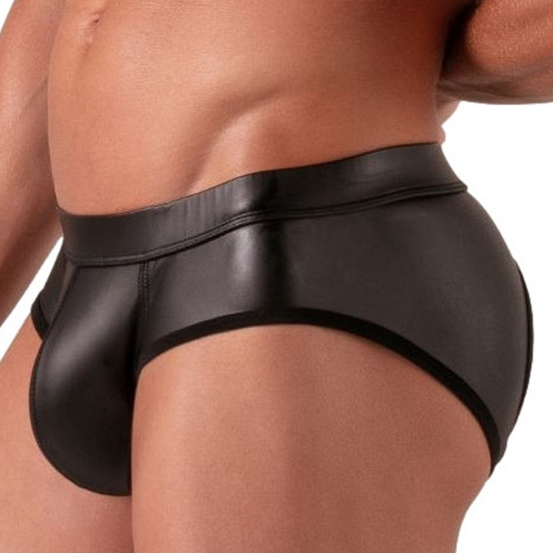 man wearing a black leather brief