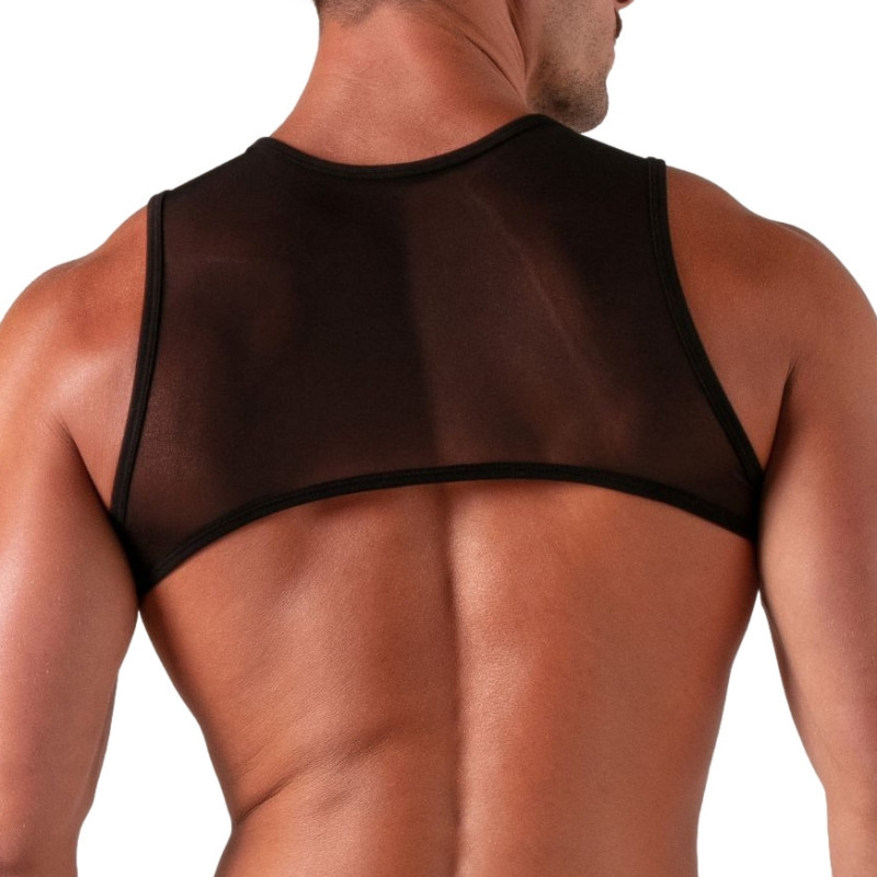a male wearing a top harness back view