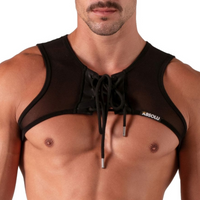 male wearing a top harness front view
