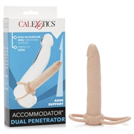 beige 5.25" dual penetration dildo with box next to it