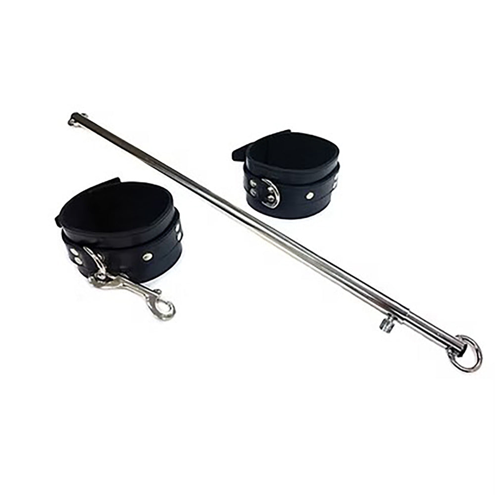 Adjustable Stainless Steel Leg Spreader Bar with Black Leather Cuffs