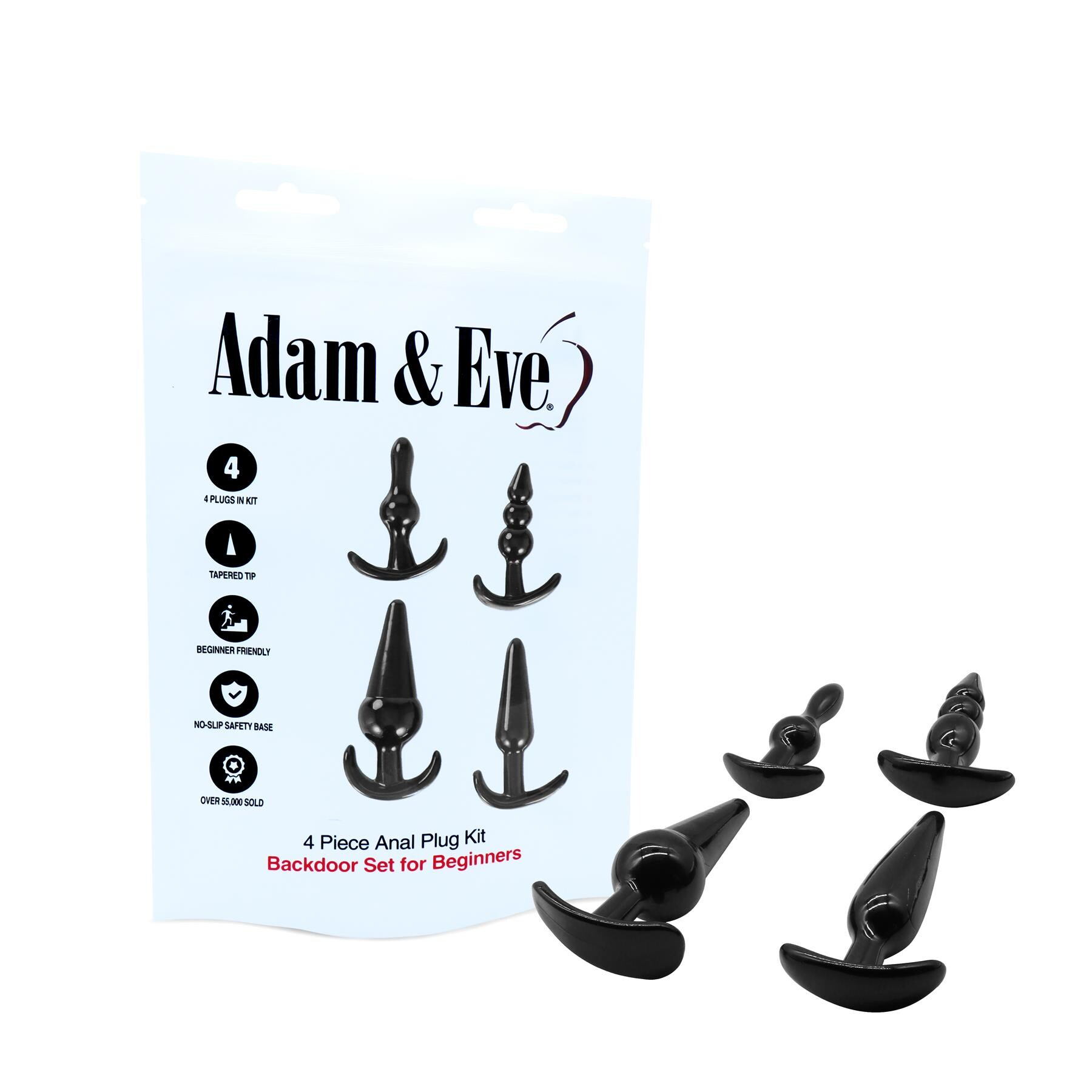 Set of black anal plugs with packaging labeled 'Adam & Eve' on a white background
