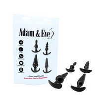 Set of black anal plugs with packaging labeled 'Adam & Eve' on a white background