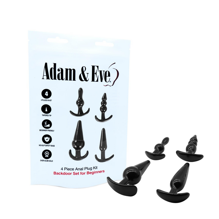 Set of black anal plugs with packaging labeled 'Adam & Eve' on a white background