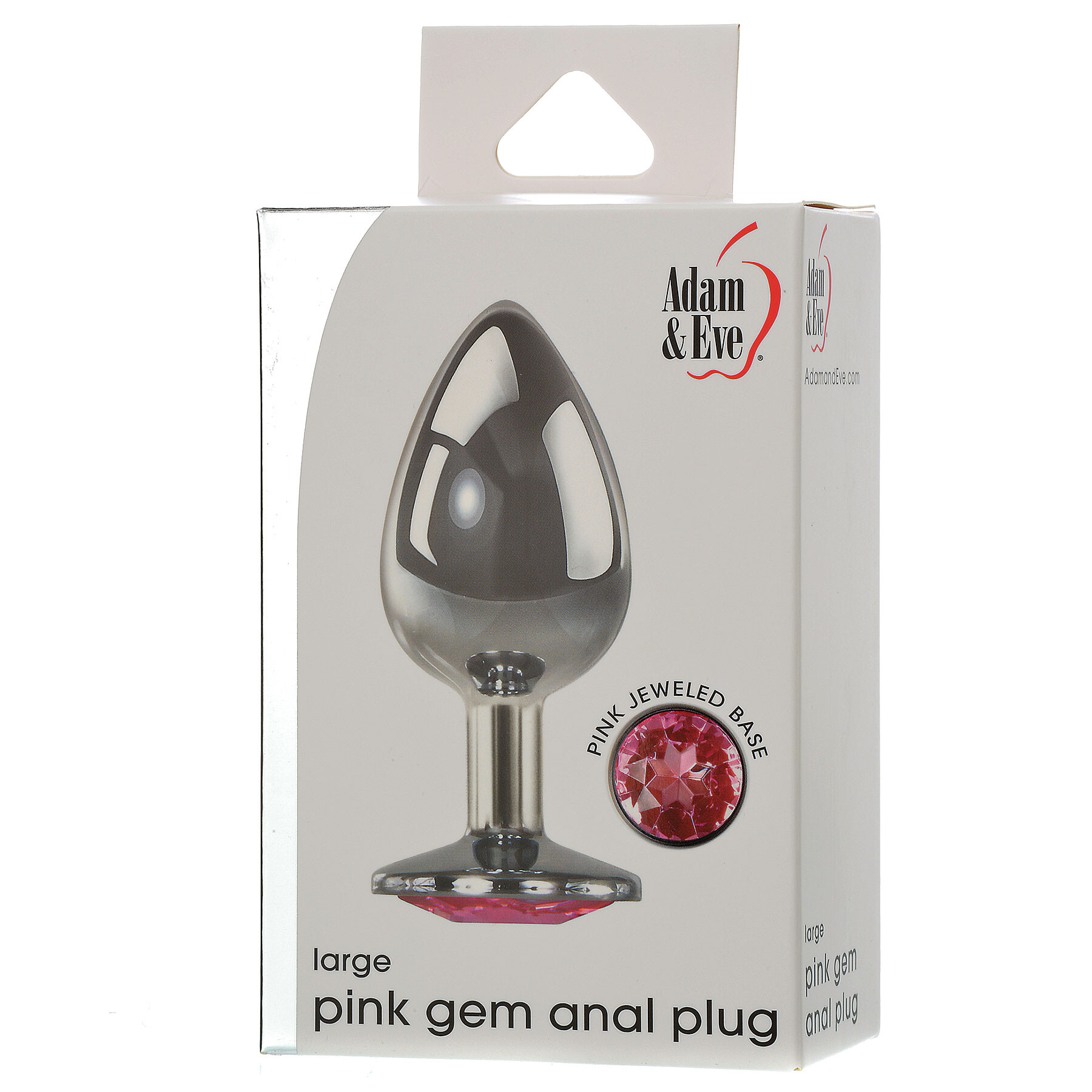 silver metal anal plug with pink gem on bottom. on box packaging