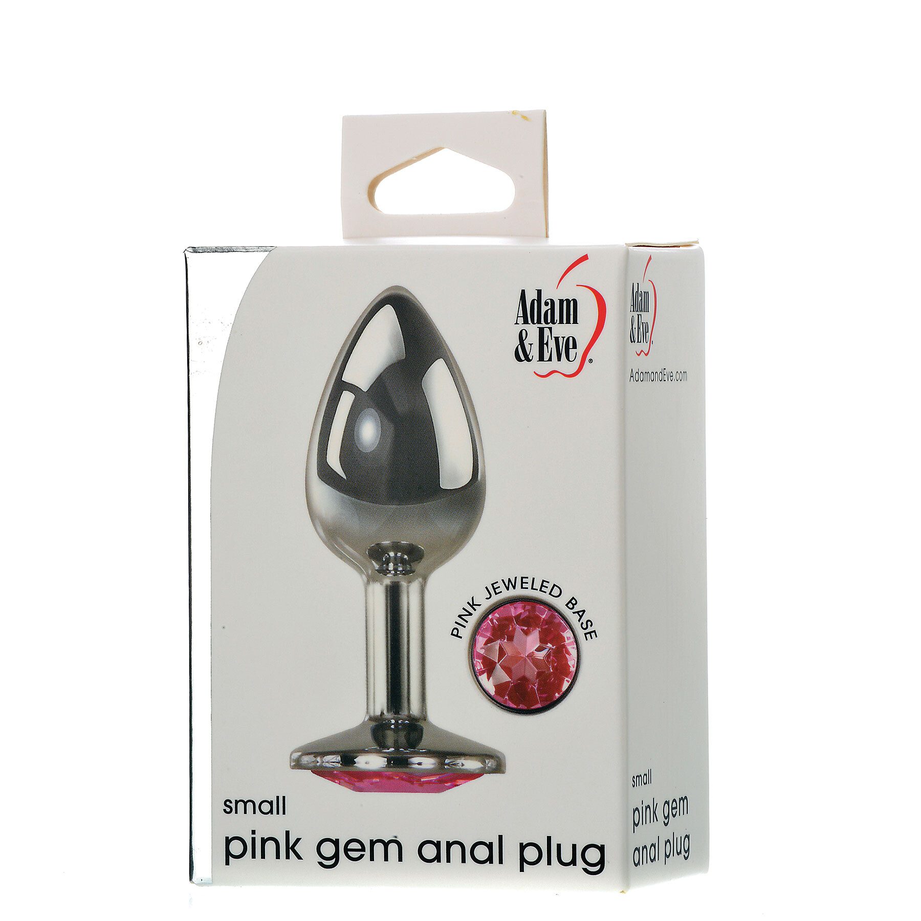 silver metal anal plug with pink gem on bottom. on box packaging