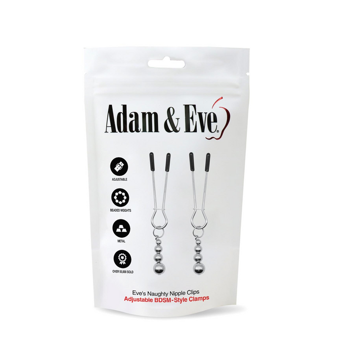 Packaging of Adam & Eve Eve's Naughty Nipple Clips on a white background