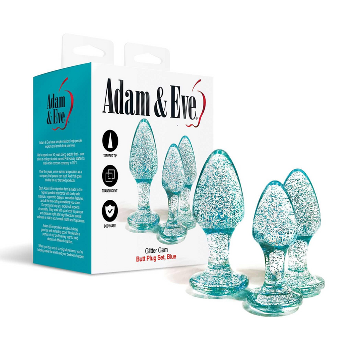 teal glittered 3pk of tapered anal plugs with box packaging