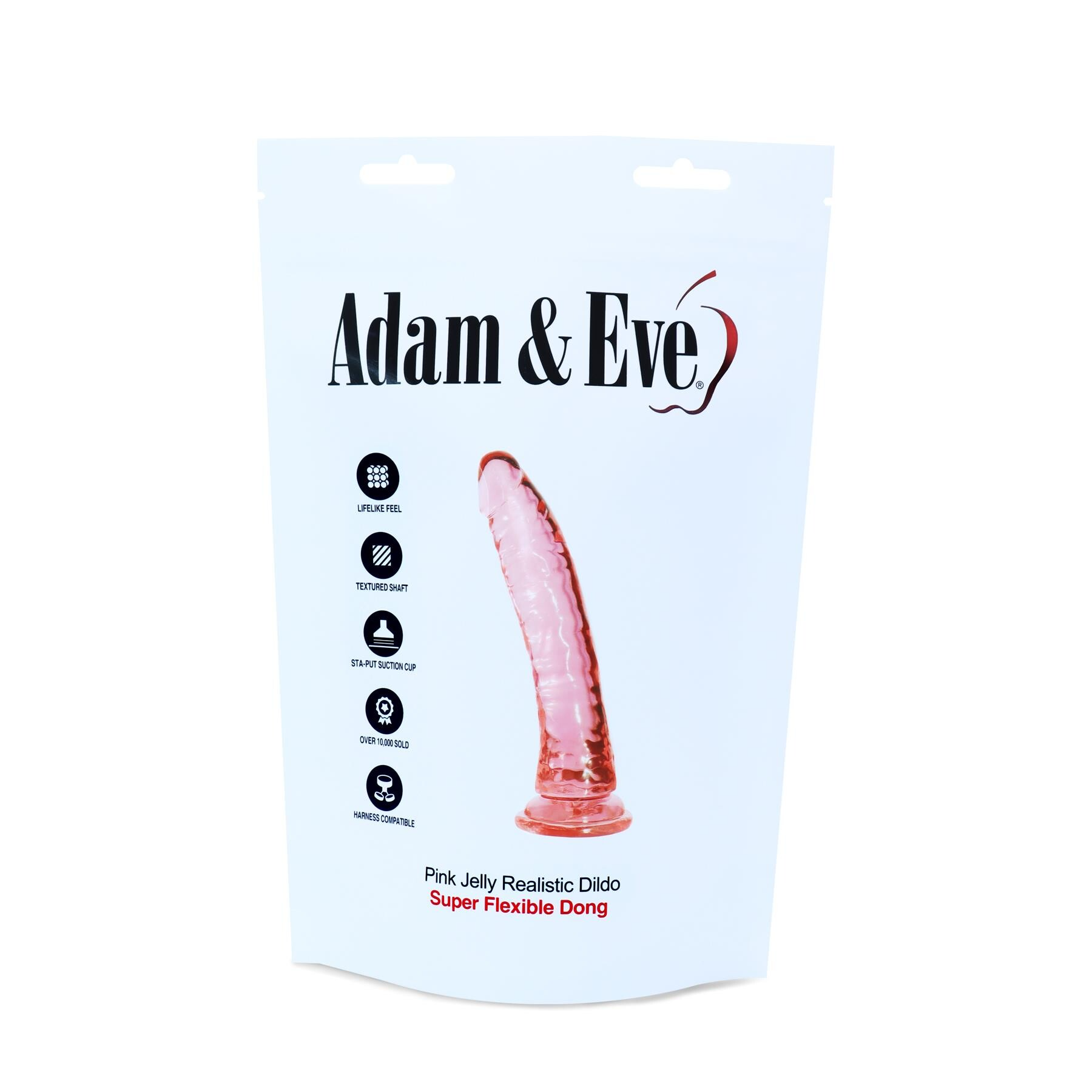 Package of Adam & Eve pink jelly realistic dildo on a white background