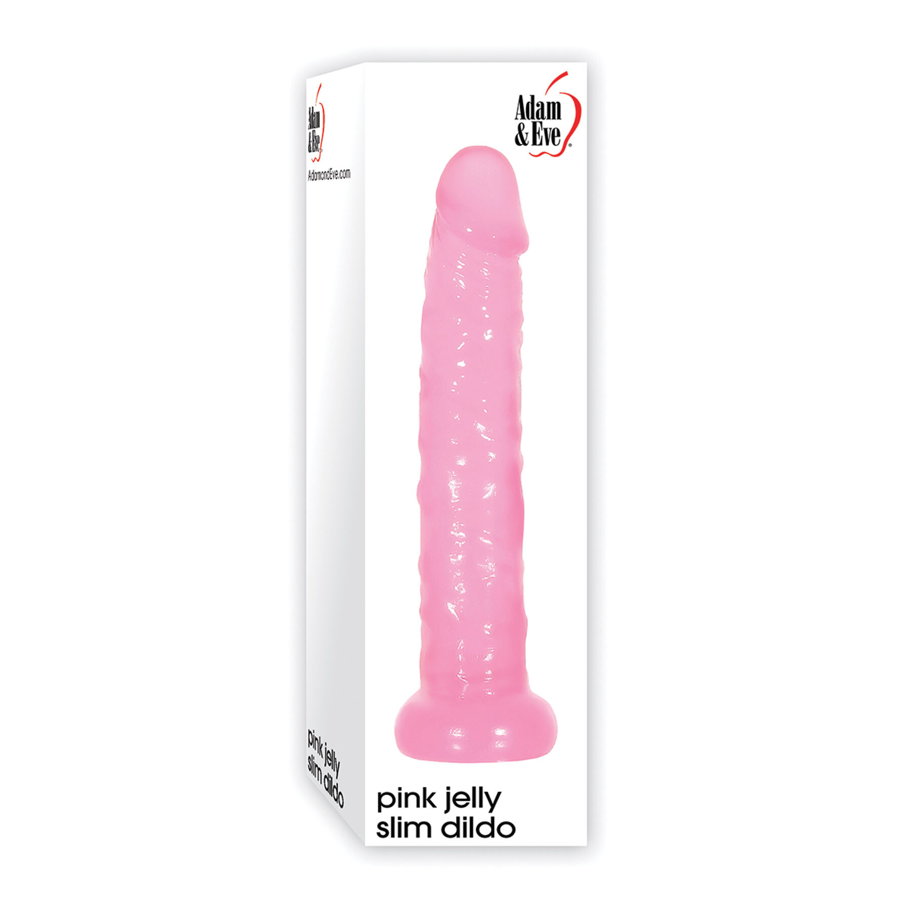 Pink jelly slim dildo in packaging with 'Adam & Eve' branding on a white background