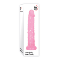 Pink jelly slim dildo in packaging with 'Adam & Eve' branding on a white background