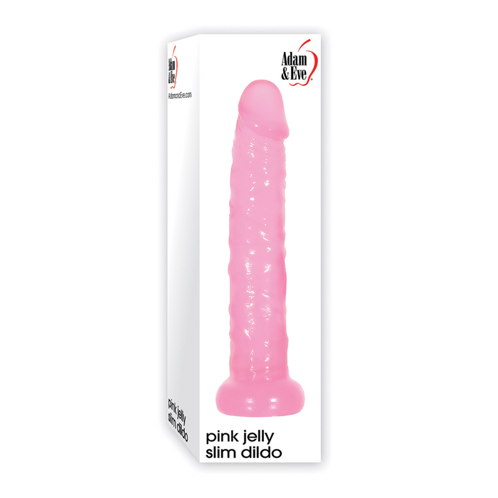 Pink jelly slim dildo in packaging with 'Adam & Eve' branding on a white background