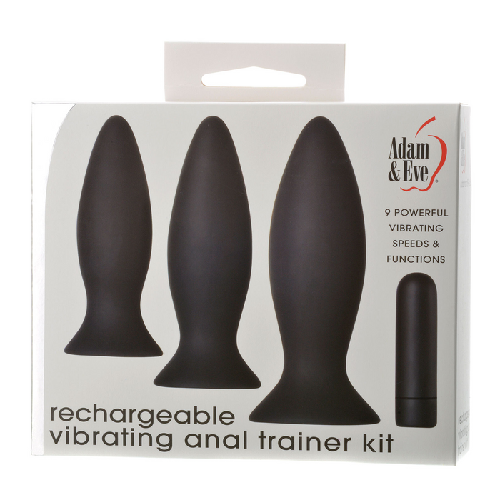 Rechargeable vibrating anal trainer kit packaging with three black silicone devices and a remote control on a white background.